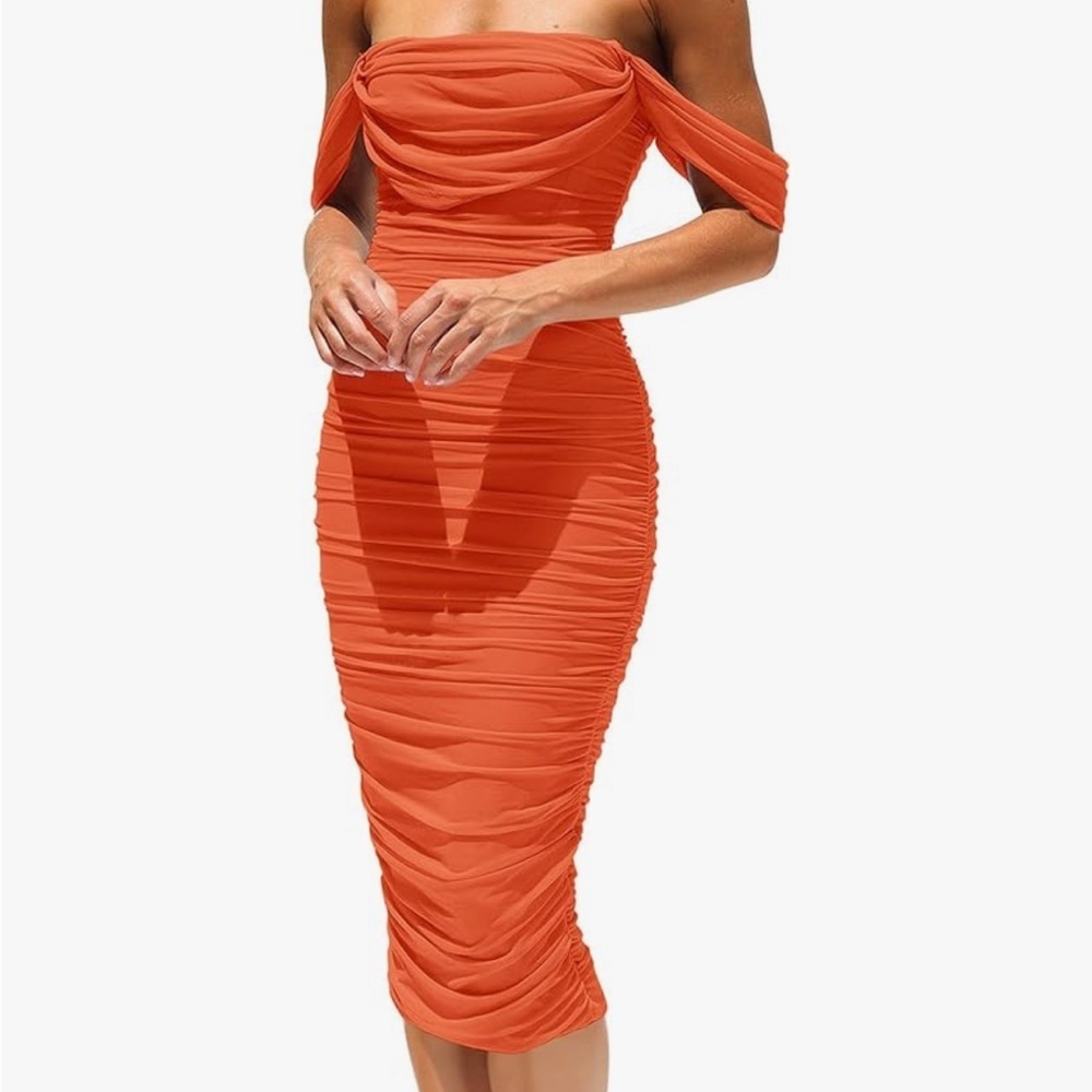 Women's Summer Off The Shoulder Ruched Bodycon Fitted Party Club Midi Dress